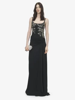 Abito da sera con ricamo floreale da Donna in Nero
