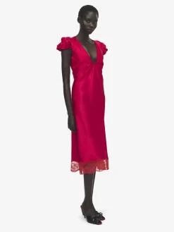 Abito midi con maniche arricciate da Donna in Rosso