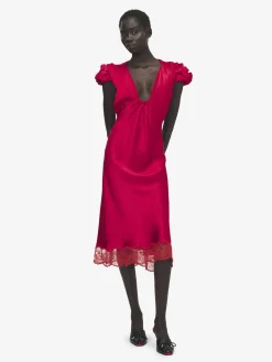 Abito midi con maniche arricciate da Donna in Rosso