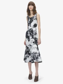 Abito midi floreale in jacquard da Donna in Avorio/Nero