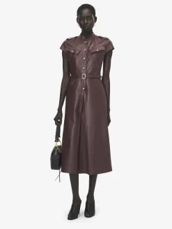 Abito midi in pelle stile uniforme da Donna in Bordeaux