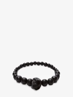 Bracciale Skull con Perle da Uomo in Nero