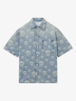 Camicia in denim con motivo jacquard Skull da Uomo in Washed Blue