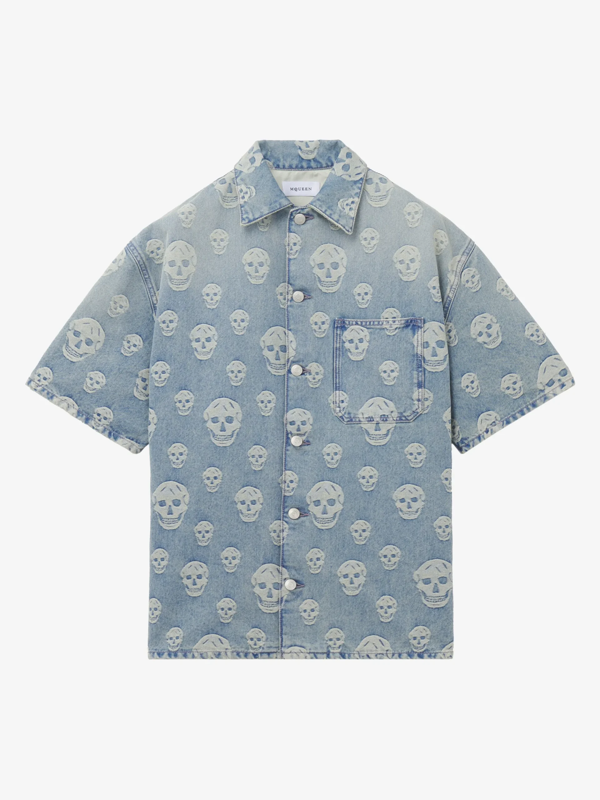 Camicia in denim con motivo jacquard Skull da Uomo in Washed Blue