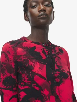 Cardigan floreale in jacquard da Donna in Rosso/Nero