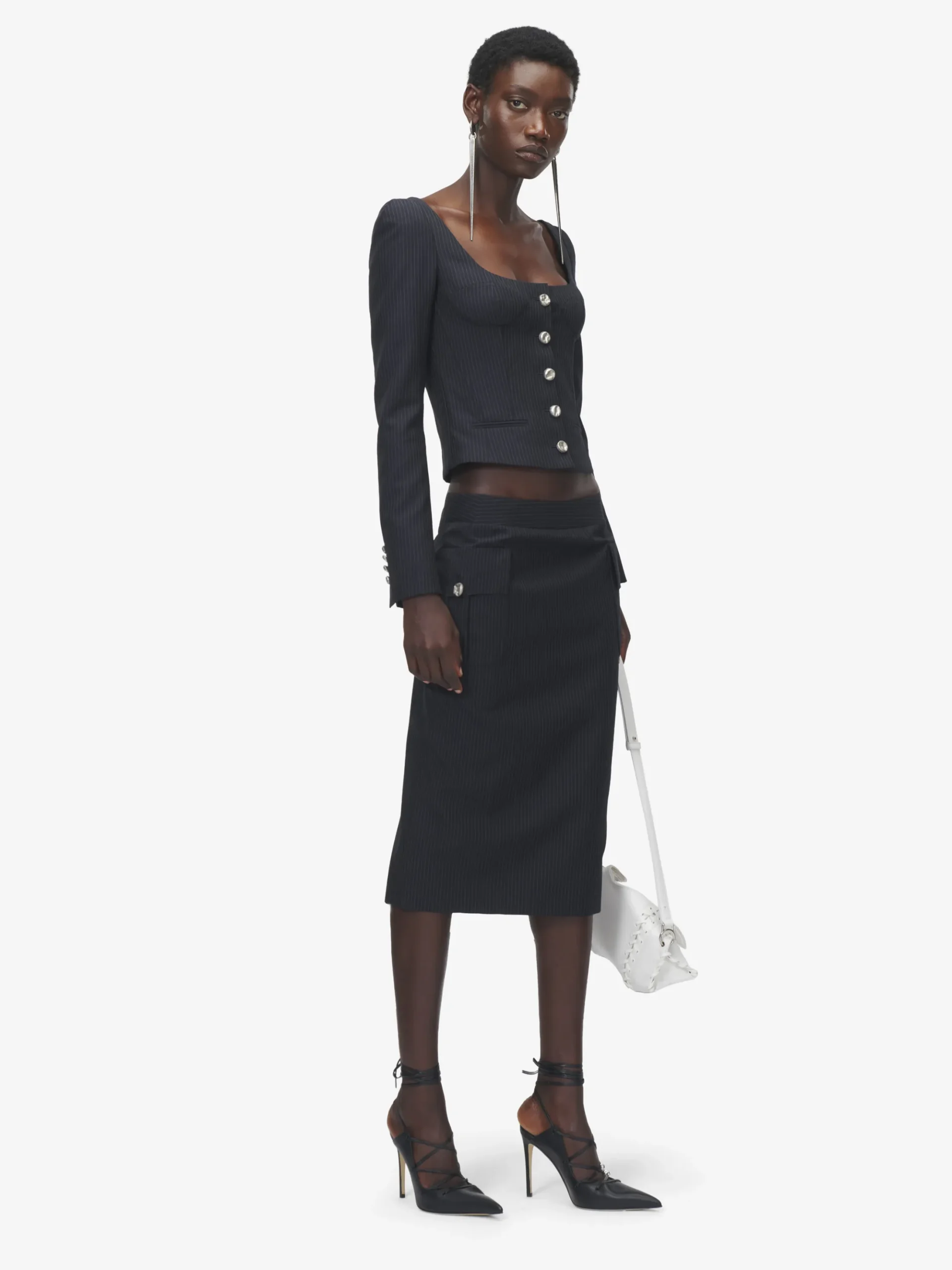 Giacca aderente gessata da Donna in Blu Navy