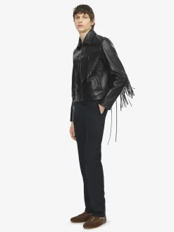 Giacca in pelle con frange da Uomo in Nero