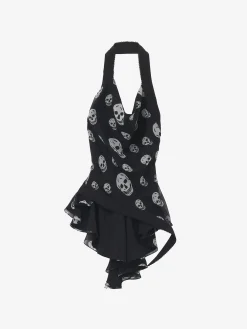 Top asimmetrico con stampa Skull da Donna in Nero/Bianco