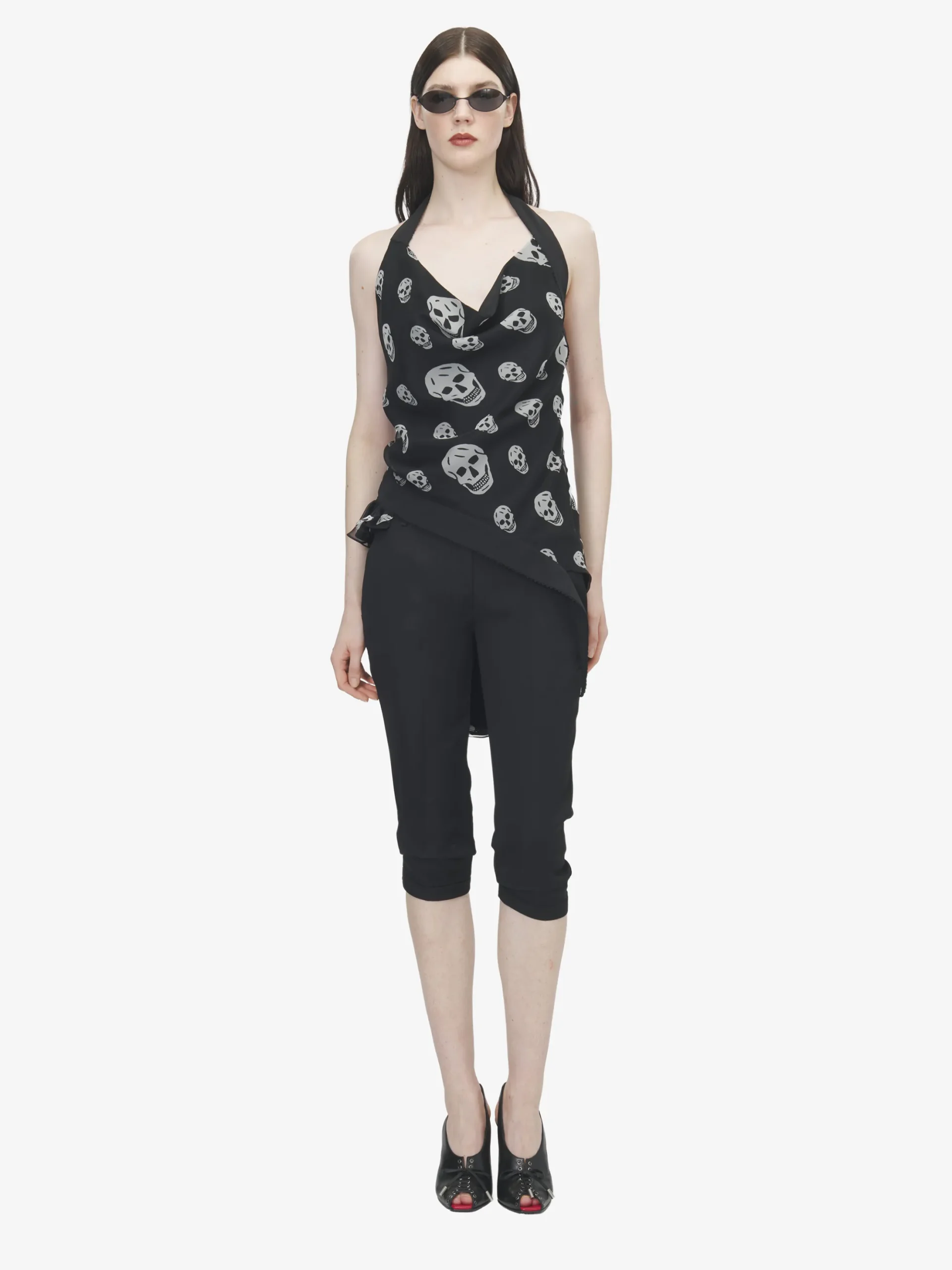 Top asimmetrico con stampa Skull da Donna in Nero/Bianco